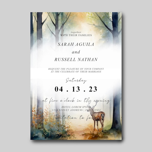 Green natural landscape wedding invitation with watercolor style forest scene