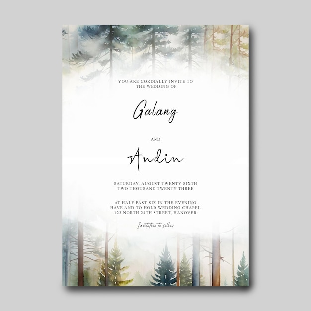 PSD green natural landscape wedding invitation with watercolor style forest scene