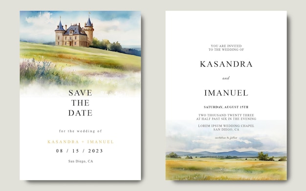 PSD green natural landscape wedding invitation with watercolor style rural views