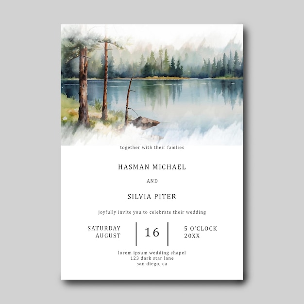 Green natural landscape wedding invitation with watercolor style rural views