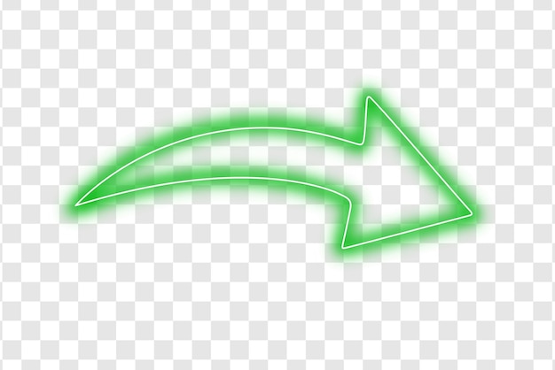 Green neon glowing arrow curved direction pointer symbol modern light sign on transparent background