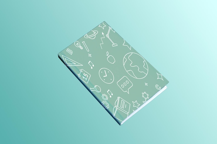 PSD green notebook with world logo and clock psd mockup