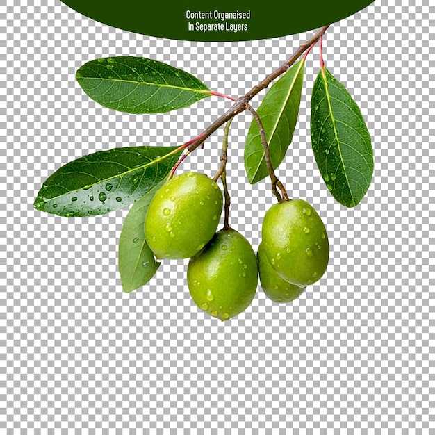 Green olives with leaf isolated in transparent background