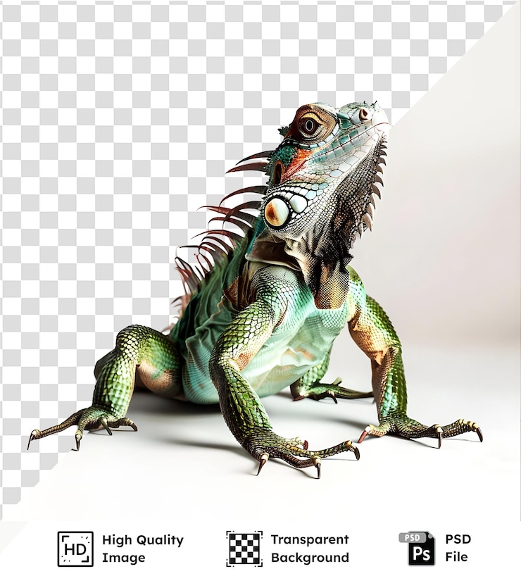 PSD green and orange iguana illustration on white background