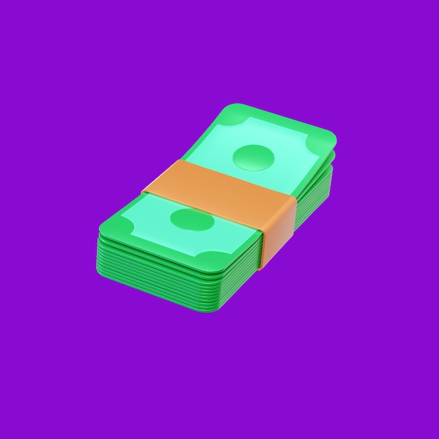 PSD green and orange stack of green dollar bills on a purple background