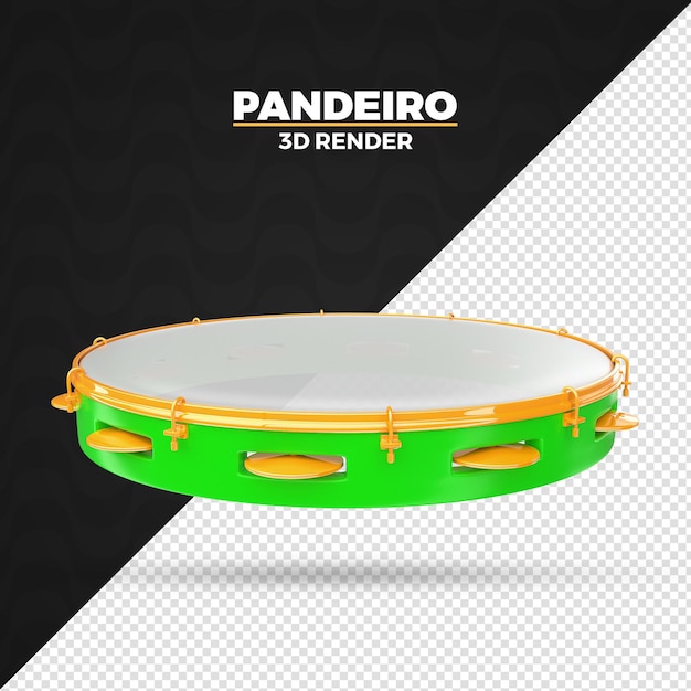 Green pandeiro brazilian carnaval instrument 3d render isolated for composition