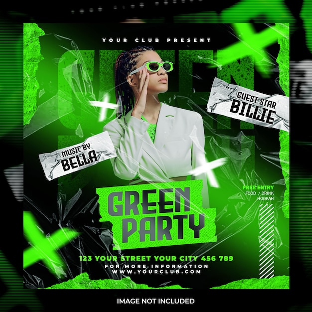 PSD green party neon social media post or flyer template