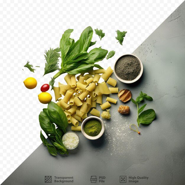 PSD green pasta with toppings on a stone surface