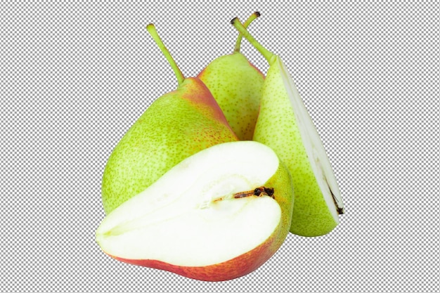 Green pears cut in half and sliced to pieces separately isolated on a transparent background