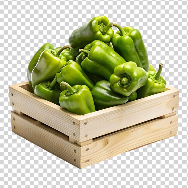 Green peppers bell in wooden crate isolated on transparent background