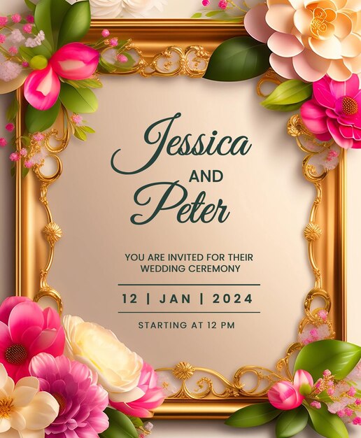 PSD green and pink floral frame wedding invitation on gold backdrop