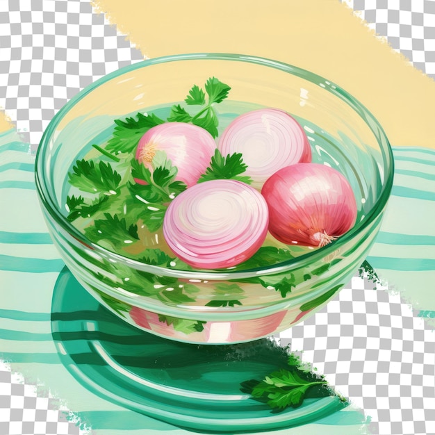 PSD green place mat with pickled onions and parsley in a bowl transparent background