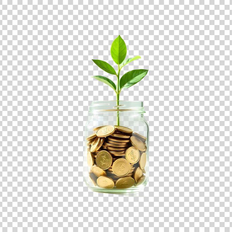 PSD 透明 な 背景 に 置か れ た 瓶 の 中 の 硬貨 から 成長 する 緑 の 植物