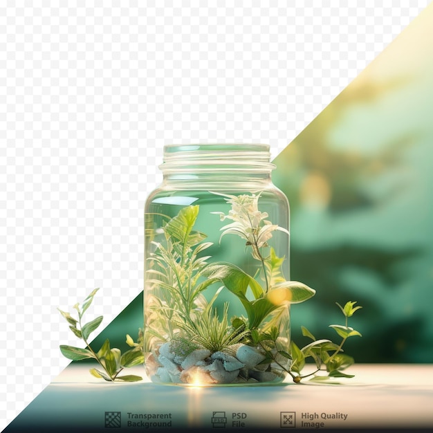 PSD green plants in a jar creating an transparent background with self sustaining ecosystem on a table