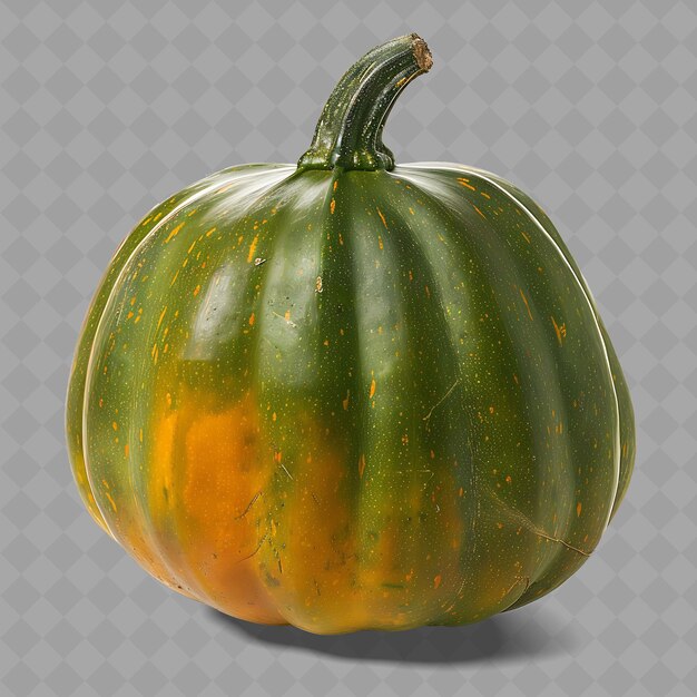 A green pumpkin with a yellow speckled top sits on a transparent background