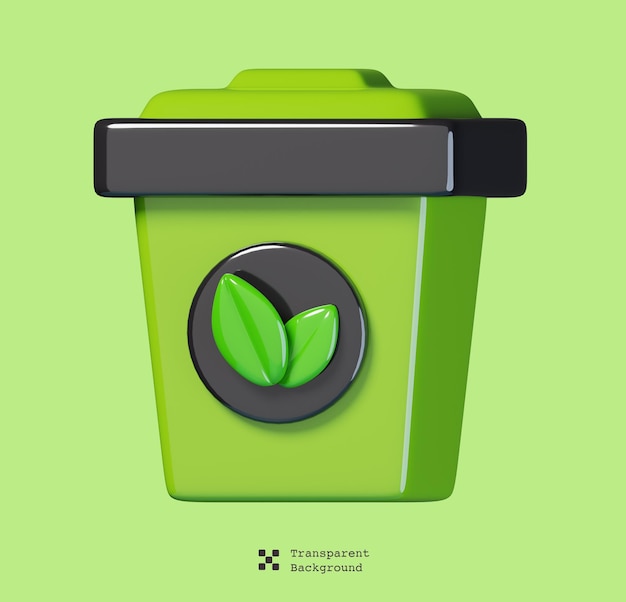 PSD Зеленый мусорный бак с изолированными листьями. экология и концепция значок окружающей среды. 3d иллюстрация.