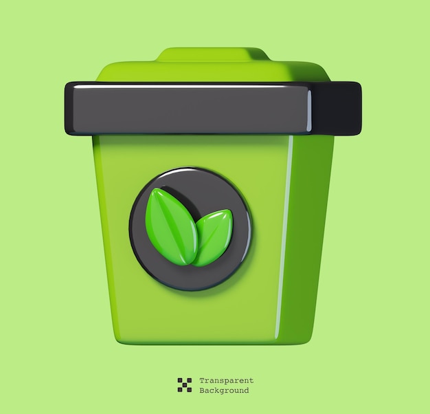 PSD green recycling bin with leaves isolated. ecology and environment icon concept. 3d illustration.