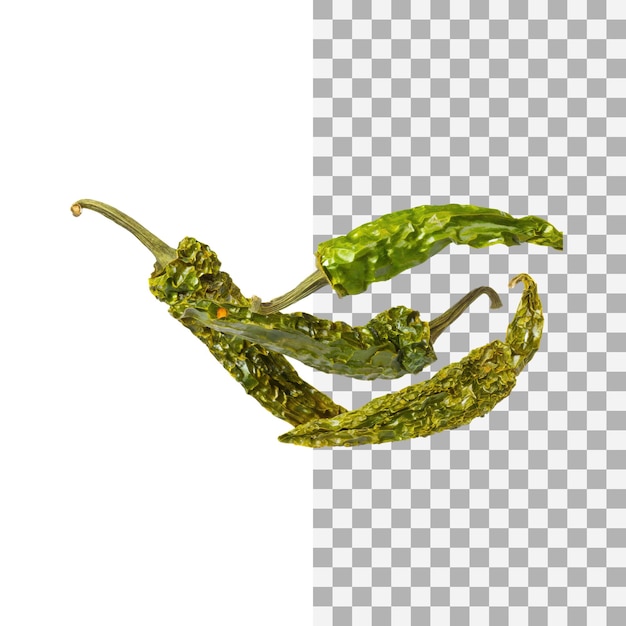 Green and red dried cayenne without shadow isolated transparent background