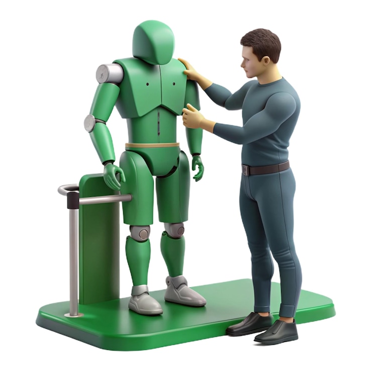 PSD a green robot with a man standing next to it