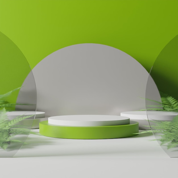 A green room with a white round podium and green plants.