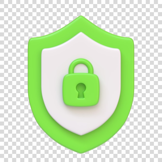 PSD green security shield with a lock icon in the center isolated on white background 3d render