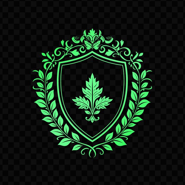 PSD green shield with a crown of leaves and a crown on a black background