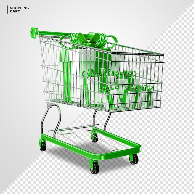 Green shopping cart with gift box 3d render isolated