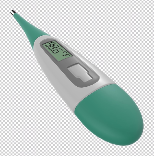 A green and silver thermometer shows the temperature isolated on transparent background