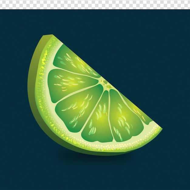 A green slice of a 3d lime with a blue background