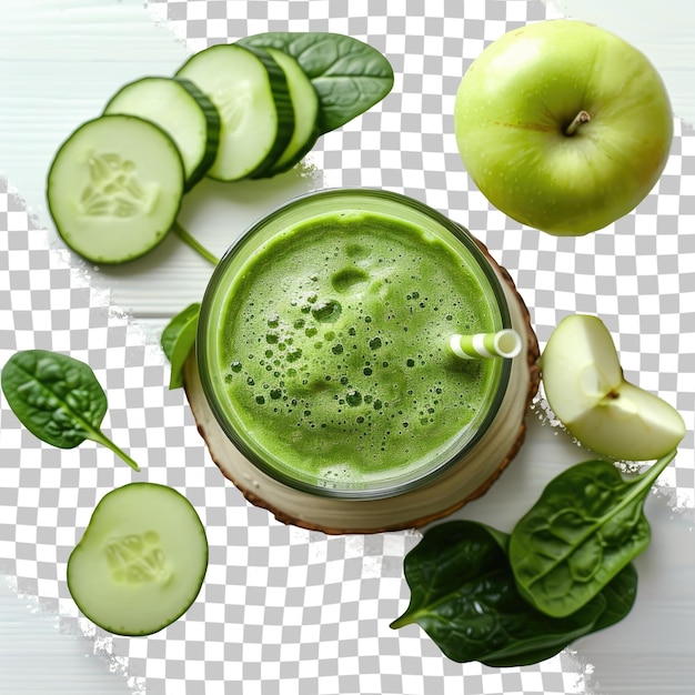 PSD a green smoothie with cucumber and apples on a checkered table