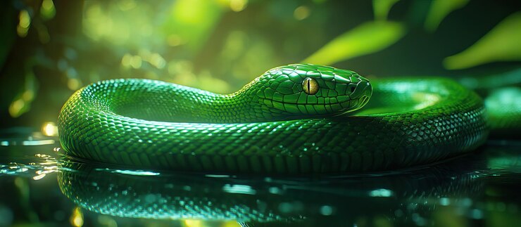 PSD green snake resting on a reflective surface