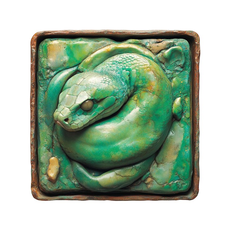 PSD green snake sculpture in copper frame