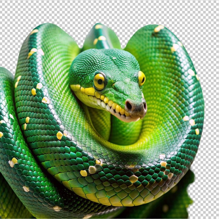 PSD a green snake with a black head and a black head