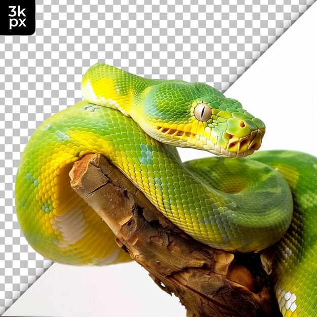 A green snake with yellow and green skin is laying on a branch