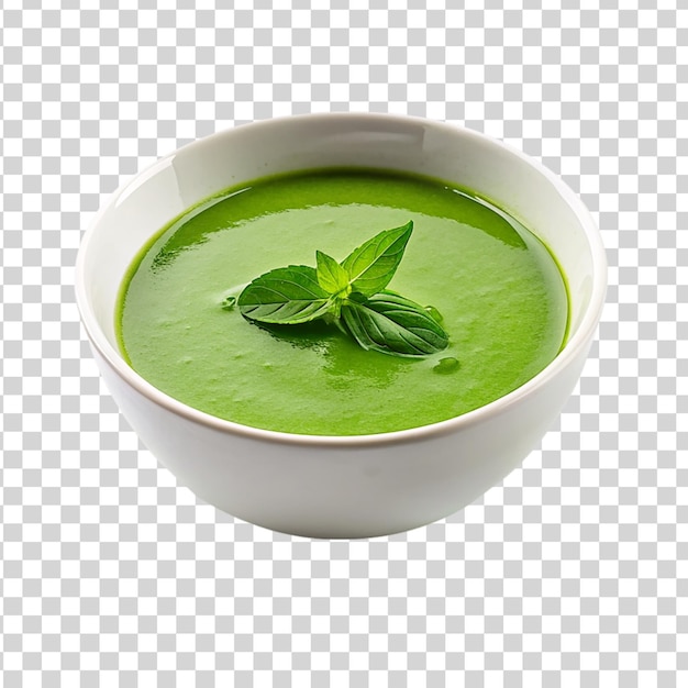 Zuppa verde su una ciotola bianca isolata su uno sfondo trasparente
