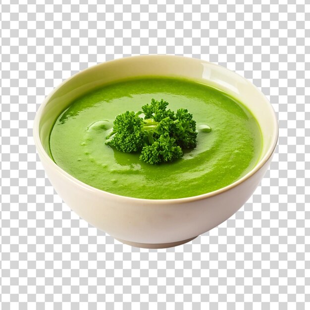 Green soup on white bowl isolated on transparent background