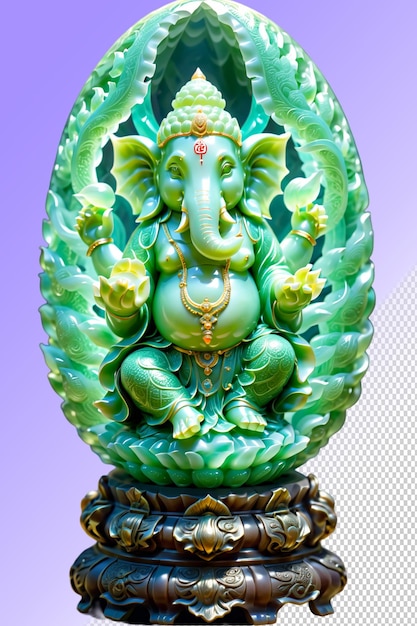 A green statue of an elephant with a gold ring around its neck