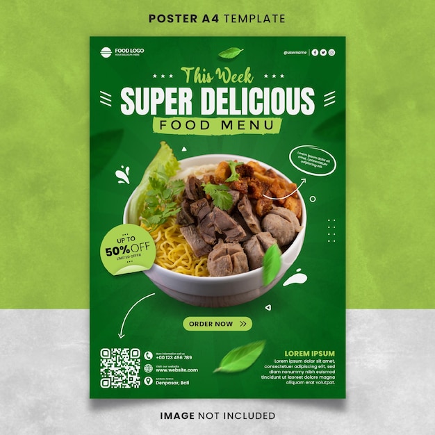 PSD green super delicious food and restaurant menu poster or banner template ready to print