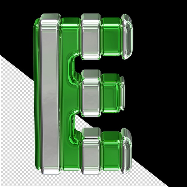 Green symbol with silver vertical thin straps letter e