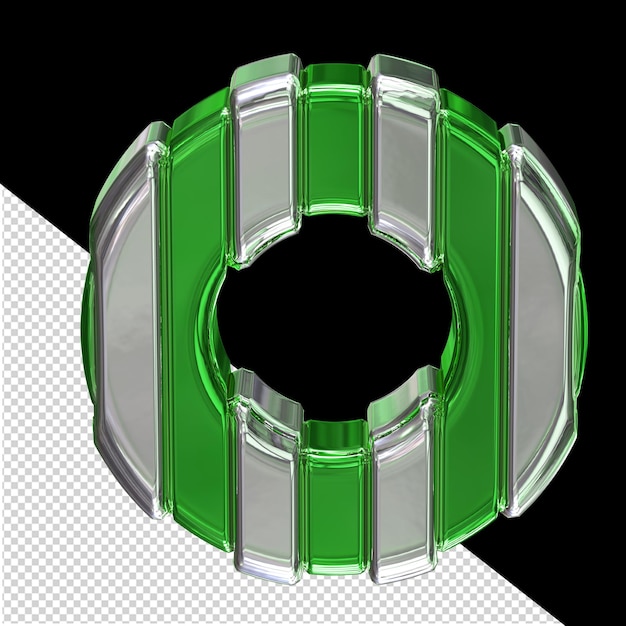 Green symbol with silver vertical thin straps letter o
