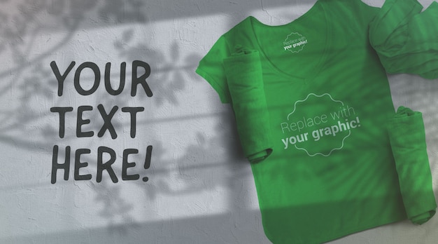 Green T-shirt Mockup on Light Gray Background Sunglight Shadows