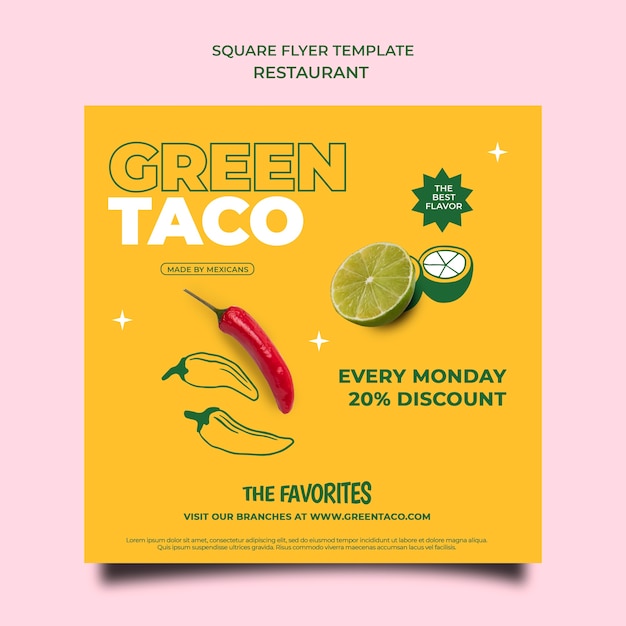 Квадратный флаер ресторана Green taco