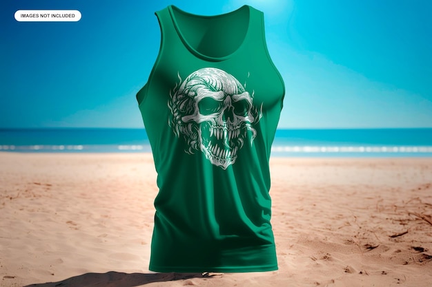 A green tank top with a skull on it that says 