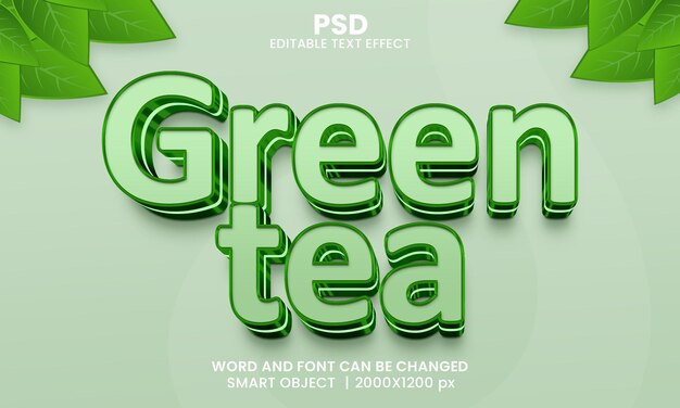 Зеленый чай 3d редактируемый текстовый эффект premium psd с фоном