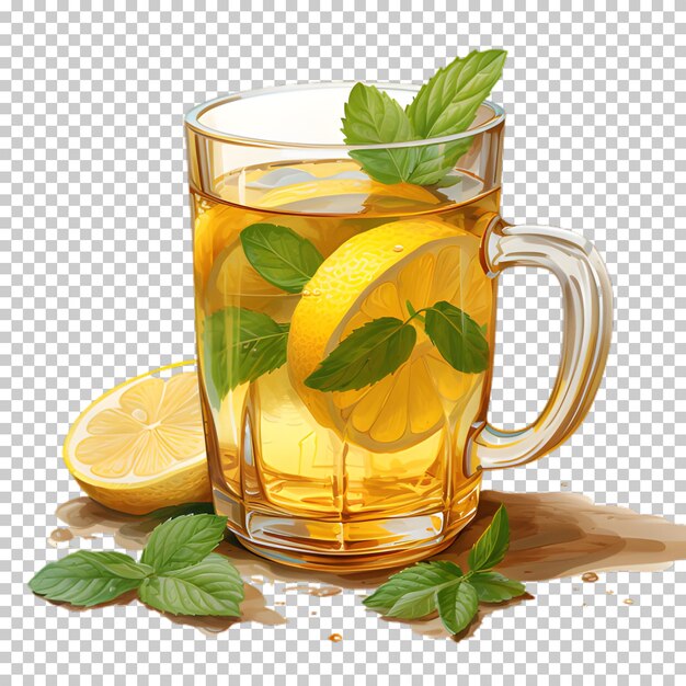 PSD 투명한 배경에 레몬이 고립된 녹색 차 컵