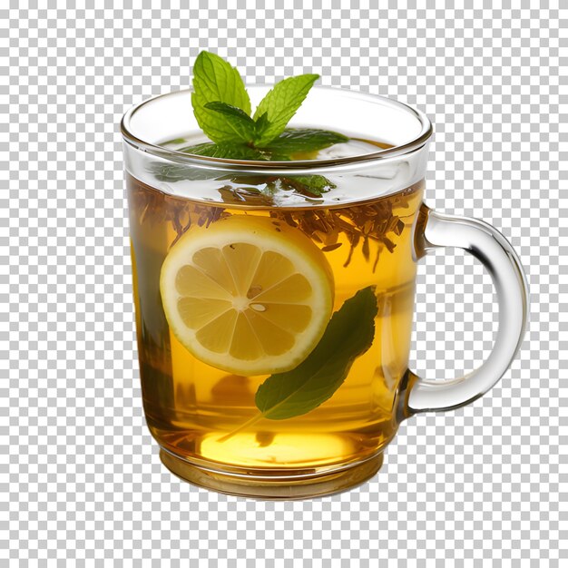 Green tea cup with lemon isolated on transparent background