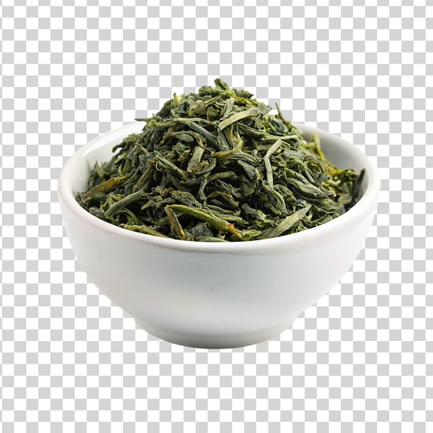 Green tea leaves in a white bowl isolated on transparent background