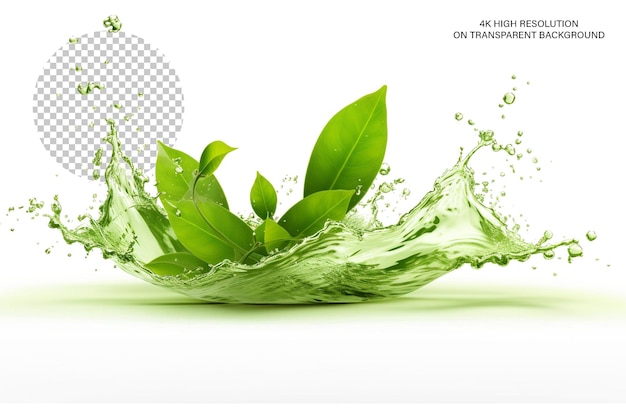 PSD Зеленые чайные листья с волновым потоком брызг и капель на прозрачном фоне