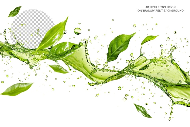 PSD green tea leaves with wave flow splash and drops transparent background