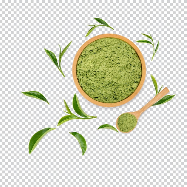 PSD green tea powder with leaves isolated premium psd top view